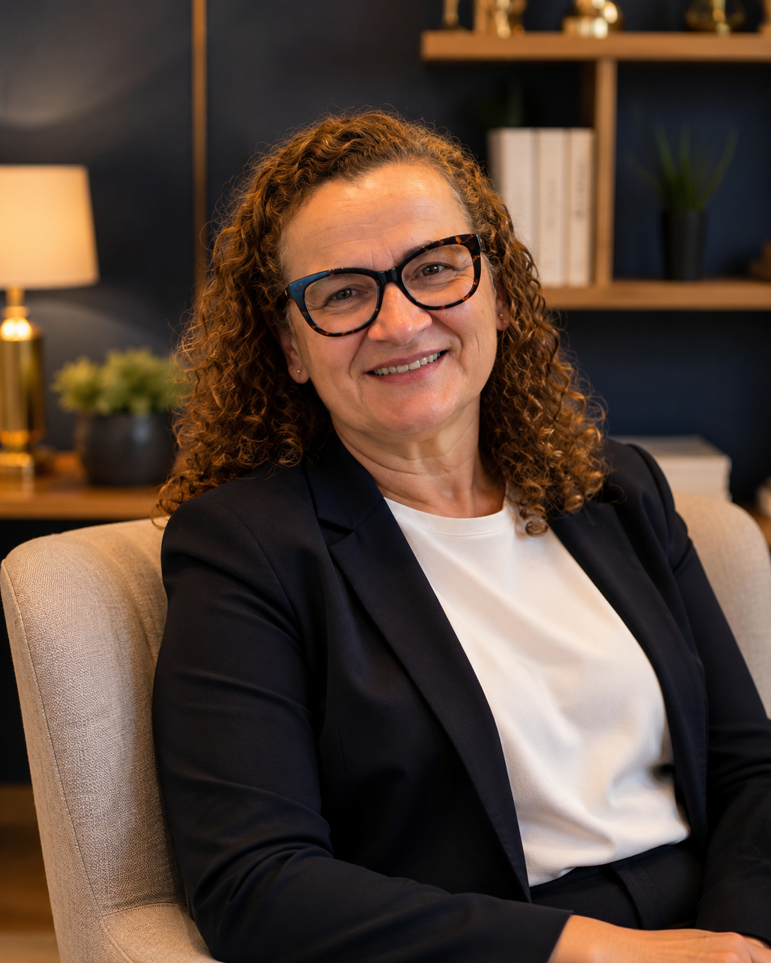 Rejane Santos em um ambiente acolhedor de terapia